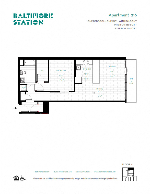 Floor plan for 1 bed, 1 bath, 830 sqft